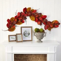 6 Ft. Autumn Magnolia Leaf With Berries Artificial Garland -The Home Depot Shop nearly natural fall garlands 4495 31 1000
