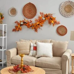 5.6 Ft. Orange Unlit Autumn Artificial Fall Garland With Maple Leaves And Pumpkins -The Home Depot Shop nearly natural fall garlands w1217 1f 1000