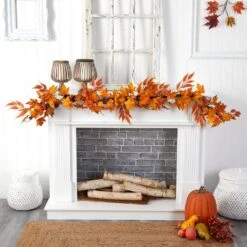 5.6 Ft. Orange Unlit Autumn Artificial Fall Garland With Maple Leaves And Pumpkins -The Home Depot Shop nearly natural fall garlands w1217 31 1000
