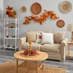 5.6 Ft. Orange Unlit Autumn Artificial Fall Garland With Maple Leaves And Pumpkins -The Home Depot Shop nearly natural fall garlands w1217 4f 1000