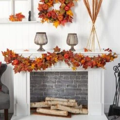 6 Ft. Orange Autumn Maple Leaf, Pumpkin, Gourd And Berry Artificial Fall Garland -The Home Depot Shop nearly natural fall garlands w1222 31 1000