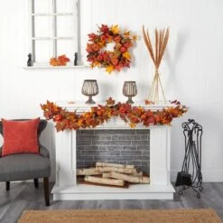 6 Ft. Orange Autumn Maple Leaf, Pumpkin, Gourd And Berry Artificial Fall Garland -The Home Depot Shop nearly natural fall garlands w1222 4f 1000
