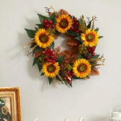 27in. Artificial Unlit Artificial Holiday Wreath With Sunflower Berry -The Home Depot Shop nearly natural fall wreaths 4275 4f 1000
