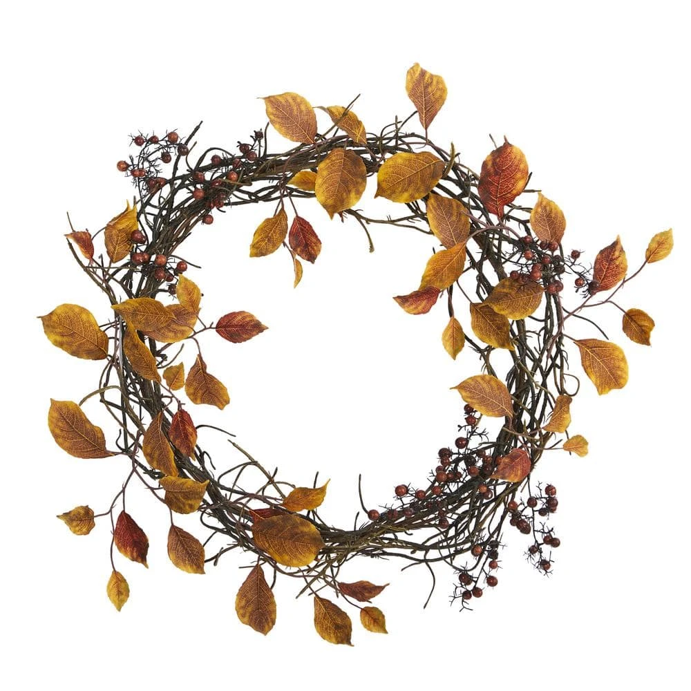 19 In. Harvest Leaf Berries And Twig Artificial Wreath 1 19 In. Harvest Leaf Berries And Twig Artificial Wreath