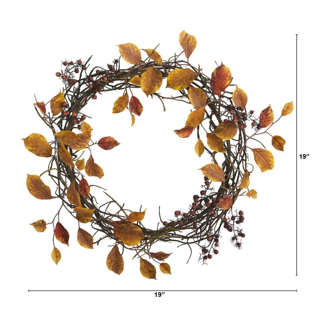 19 In. Harvest Leaf Berries And Twig Artificial Wreath 2 19 In. Harvest Leaf Berries And Twig Artificial Wreath - Image 2