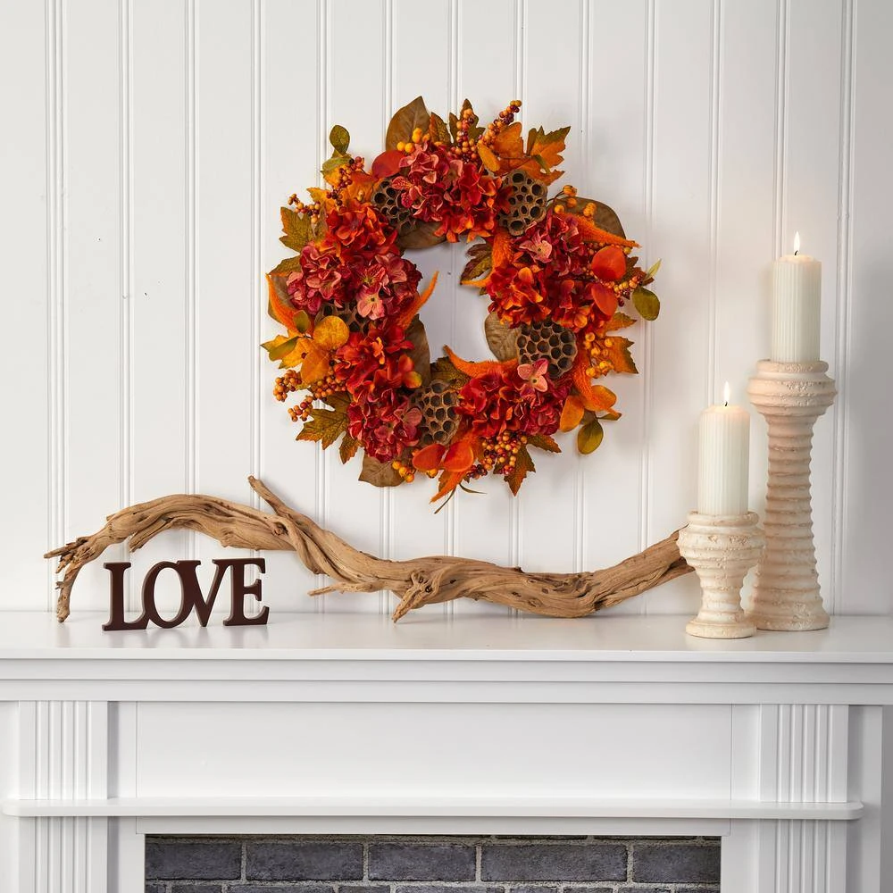 24 In. Fall Hydrangea, Lotus And Berries Artificial Wreath 3 24 In. Fall Hydrangea, Lotus And Berries Artificial Wreath - Image 3