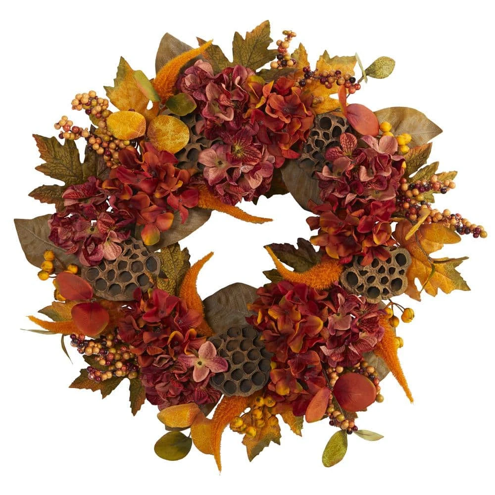 24 In. Fall Hydrangea, Lotus And Berries Artificial Wreath 1 24 In. Fall Hydrangea, Lotus And Berries Artificial Wreath