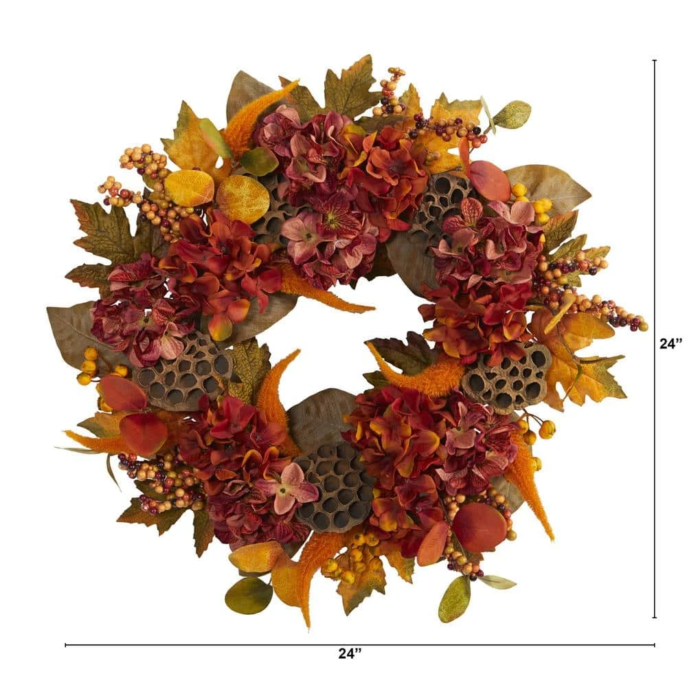 24 In. Fall Hydrangea, Lotus And Berries Artificial Wreath 2 24 In. Fall Hydrangea, Lotus And Berries Artificial Wreath - Image 2