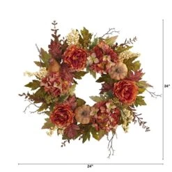 24 In. Fall Peony, Hydrangea And Pumpkin Artificial Wreath -The Home Depot Shop nearly natural fall wreaths 4657 4f 1000