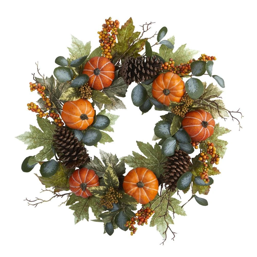 24 In. Fall Pumpkins, Pine Cones And Berries Artificial Wreath 1 24 In. Fall Pumpkins, Pine Cones And Berries Artificial Wreath