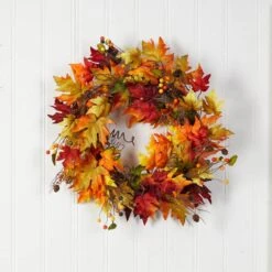 24 In. Green Autumn Maple Leaf And Berries Artificial Fall Wreath With Twig Base -The Home Depot Shop nearly natural fall wreaths w1258 31 1000