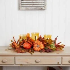 30 In. Harvest Triple Candelabrum And Artificial Foliage Table Arrangement -The Home Depot Shop nearly natural indoor fall decorations 4909 66 1000