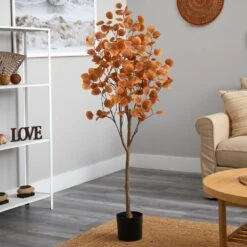 5 Ft. Orange Autumn Eucalyptus Artificial Tree -The Home Depot Shop nearly natural indoor fall decorations t2782 31 1000