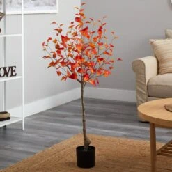 4 Ft. Orange Fall Birch Artificial Autumn Tree -The Home Depot Shop nearly natural indoor fall decorations t2785 31 1000