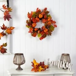 20 In. Orange Autumn Assorted Maple Leaf, Pumpkin Gourd, Pinecone And Berry Artificial Fall Wreath -The Home Depot Shop nearly natural indoor fall decorations w1221 31 1000