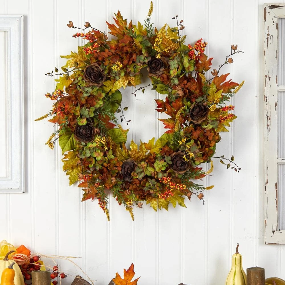 32 In. Orange Fall Hydrangea, Ranunculus And Maple Leaf Autumn Artificial Wreath 4 32 In. Orange Fall Hydrangea, Ranunculus And Maple Leaf Autumn Artificial Wreath - Image 4