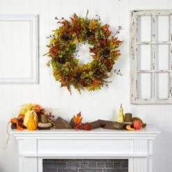 32 In. Orange Fall Hydrangea, Ranunculus And Maple Leaf Autumn Artificial Wreath 6 32 In. Orange Fall Hydrangea, Ranunculus And Maple Leaf Autumn Artificial Wreath -The Home Depot Shop nearly natural indoor fall decorations w1239 4f 1000
