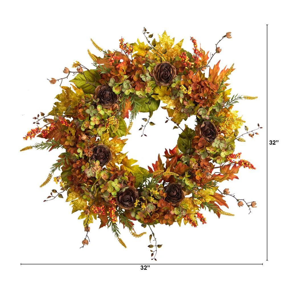 32 In. Orange Fall Hydrangea, Ranunculus And Maple Leaf Autumn Artificial Wreath 2 32 In. Orange Fall Hydrangea, Ranunculus And Maple Leaf Autumn Artificial Wreath - Image 2