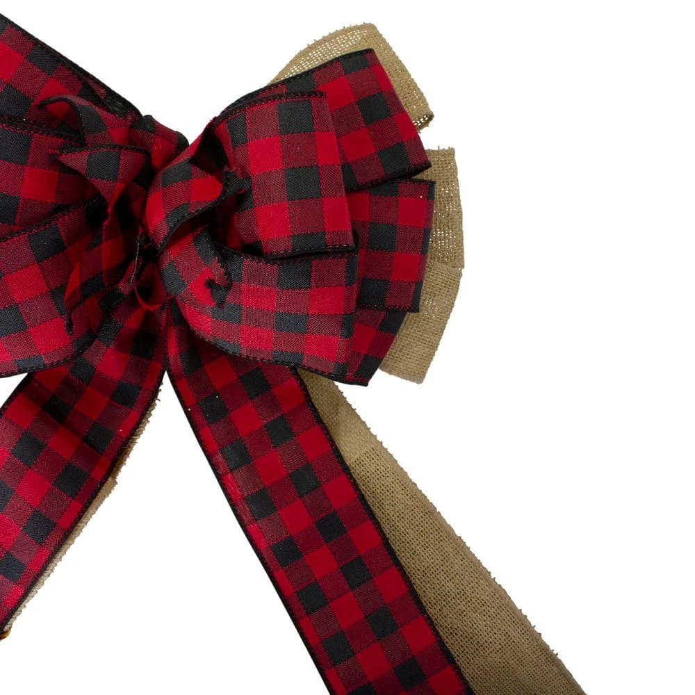 Northlight 48in. X 10in. Burlap And Buffalo Plaid 16 Loop Christmas Bow Decoration 3 Northlight 48in. X 10in. Burlap And Buffalo Plaid 16 Loop Christmas Bow Decoration - Image 3