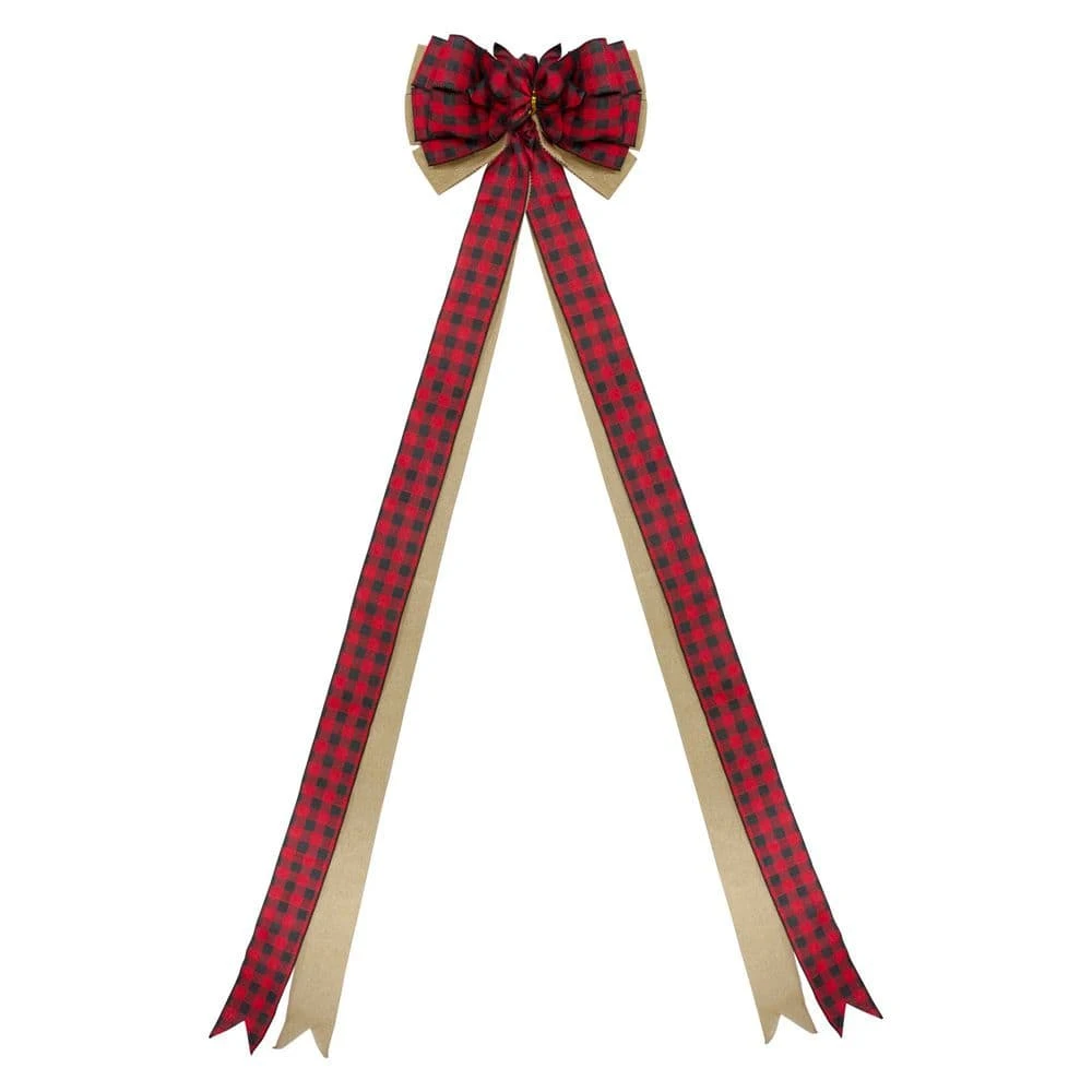 Northlight 48in. X 10in. Burlap And Buffalo Plaid 16 Loop Christmas Bow Decoration 1 Northlight 48in. X 10in. Burlap And Buffalo Plaid 16 Loop Christmas Bow Decoration