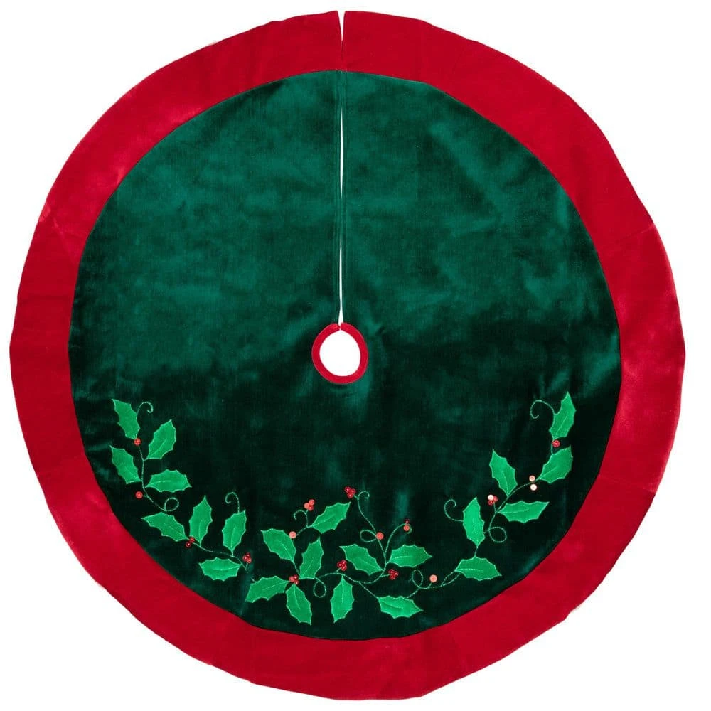 Northlight 48 In. Dark Green And Burgundy Holly Berry Velveteen Christmas Tree Skirt 1 Northlight 48 In. Dark Green And Burgundy Holly Berry Velveteen Christmas Tree Skirt