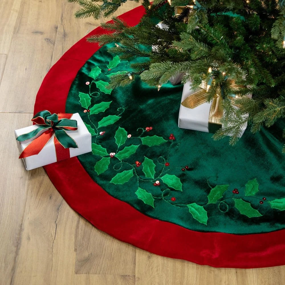 Northlight 48 In. Dark Green And Burgundy Holly Berry Velveteen Christmas Tree Skirt 2 Northlight 48 In. Dark Green And Burgundy Holly Berry Velveteen Christmas Tree Skirt - Image 2
