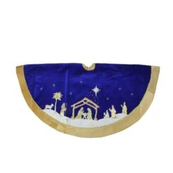 Northlight 48 In. Blue And Gold Nativity Scene Christmas Tree Skirt With Gold Border