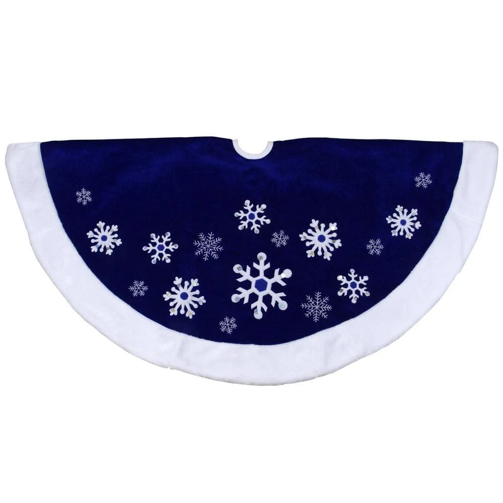 Northlight 48 In. Blue Velveteen Snowflake Christmas Tree Skirt With Faux Fur Trim 1 Northlight 48 In. Blue Velveteen Snowflake Christmas Tree Skirt With Faux Fur Trim