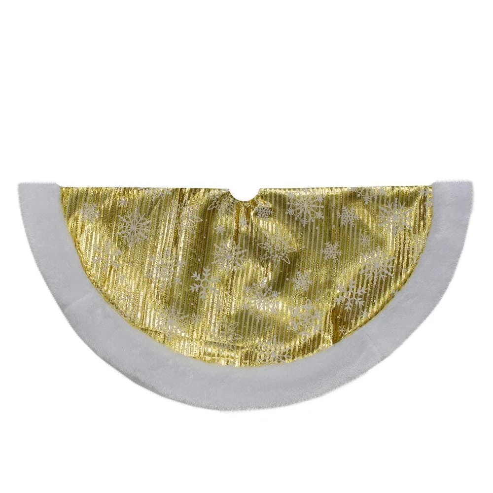 Northlight 20 In. Gold And White Metallic Snowflake Print Mini Christmas Tree Skirt 1 Northlight 20 In. Gold And White Metallic Snowflake Print Mini Christmas Tree Skirt