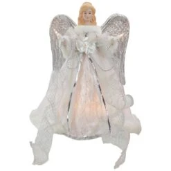 Northlight 12 In. Lighted Silver And White Angel With Wings Christmas Tree Topper - Clear Lights