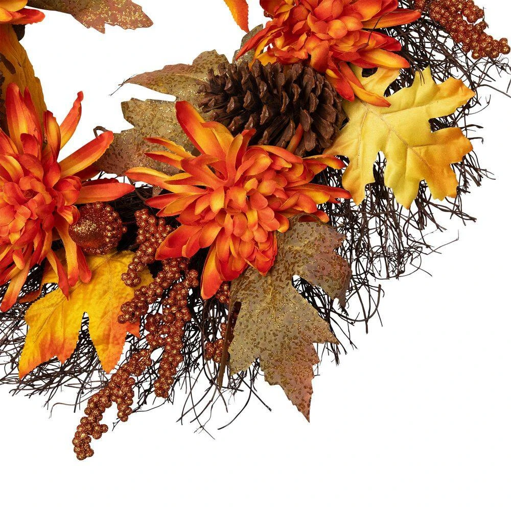 Northlight 22 In. X 5 In. Unlit Autumn Harvest Orange Cactus Mums Wreath With Brown Acorns Artificial Grapevine 4 Northlight 22 In. X 5 In. Unlit Autumn Harvest Orange Cactus Mums Wreath With Brown Acorns Artificial Grapevine - Image 4