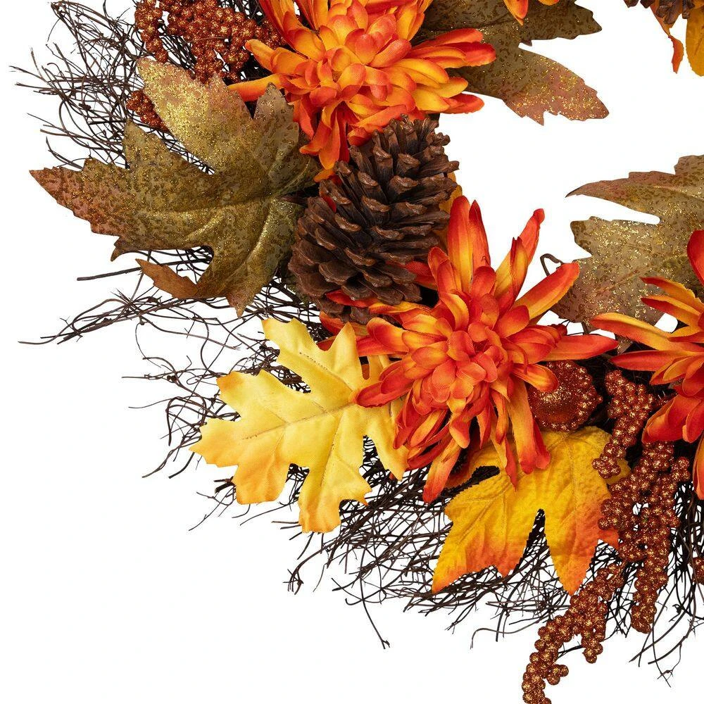 Northlight 22 In. X 5 In. Unlit Autumn Harvest Orange Cactus Mums Wreath With Brown Acorns Artificial Grapevine 5 Northlight 22 In. X 5 In. Unlit Autumn Harvest Orange Cactus Mums Wreath With Brown Acorns Artificial Grapevine - Image 5