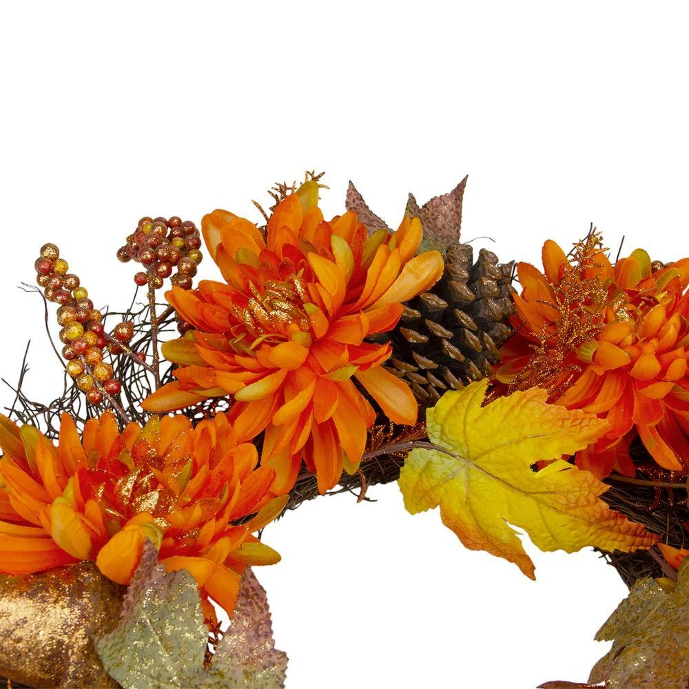 Northlight 22 In. X 5 In. Unlit Autumn Harvest Orange Cactus Mums Wreath With Brown Acorns Artificial Grapevine 3 Northlight 22 In. X 5 In. Unlit Autumn Harvest Orange Cactus Mums Wreath With Brown Acorns Artificial Grapevine - Image 3