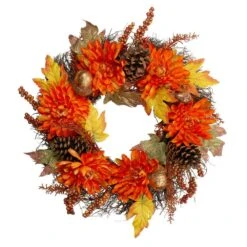 Northlight 22 In. X 5 In. Unlit Autumn Harvest Orange Cactus Mums Wreath With Brown Acorns Artificial Grapevine