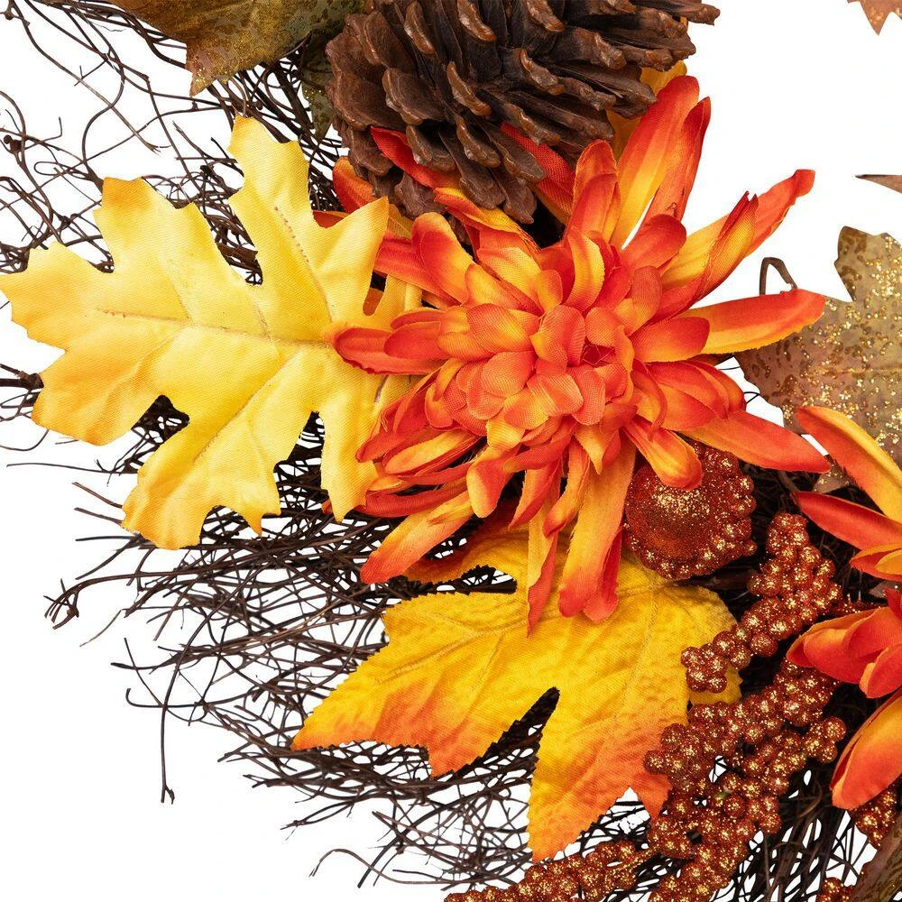 Northlight 22 In. X 5 In. Unlit Autumn Harvest Orange Cactus Mums Wreath With Brown Acorns Artificial Grapevine 7 Northlight 22 In. X 5 In. Unlit Autumn Harvest Orange Cactus Mums Wreath With Brown Acorns Artificial Grapevine - Image 7