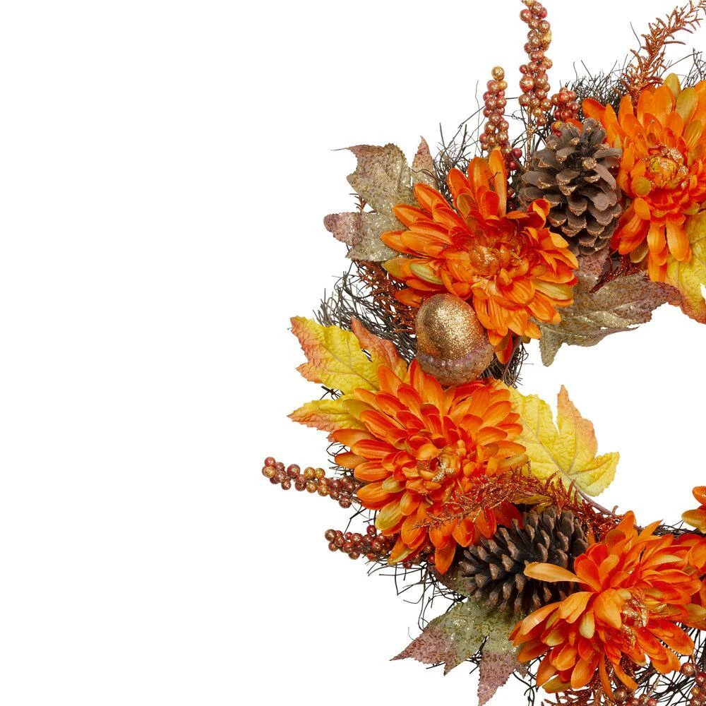 Northlight 22 In. X 5 In. Unlit Autumn Harvest Orange Cactus Mums Wreath With Brown Acorns Artificial Grapevine 2 Northlight 22 In. X 5 In. Unlit Autumn Harvest Orange Cactus Mums Wreath With Brown Acorns Artificial Grapevine - Image 2