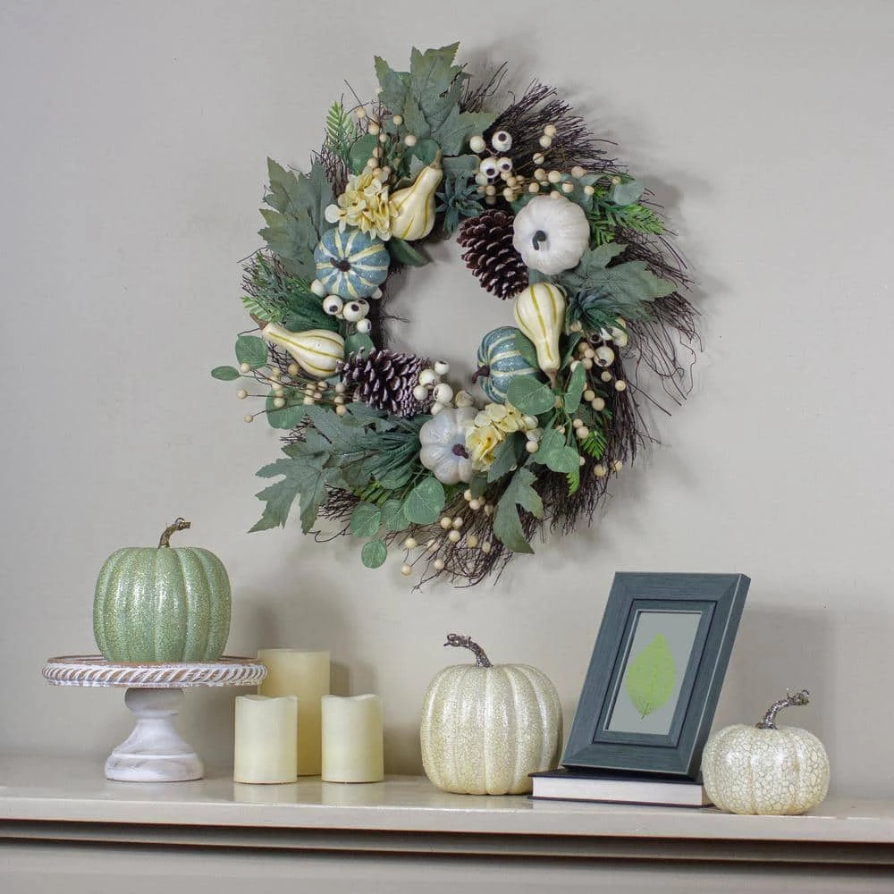 Northlight 22 In. Green And White Unlit Pumpkins And Berries Fall Harvest Artificial Wreath 4 Northlight 22 In. Green And White Unlit Pumpkins And Berries Fall Harvest Artificial Wreath - Image 4