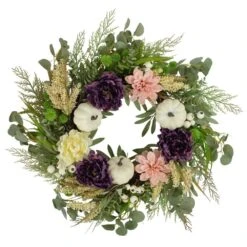 Northlight 24 In. Unlit Peony And Pumpkin Artificial Fall Harvest Wreath