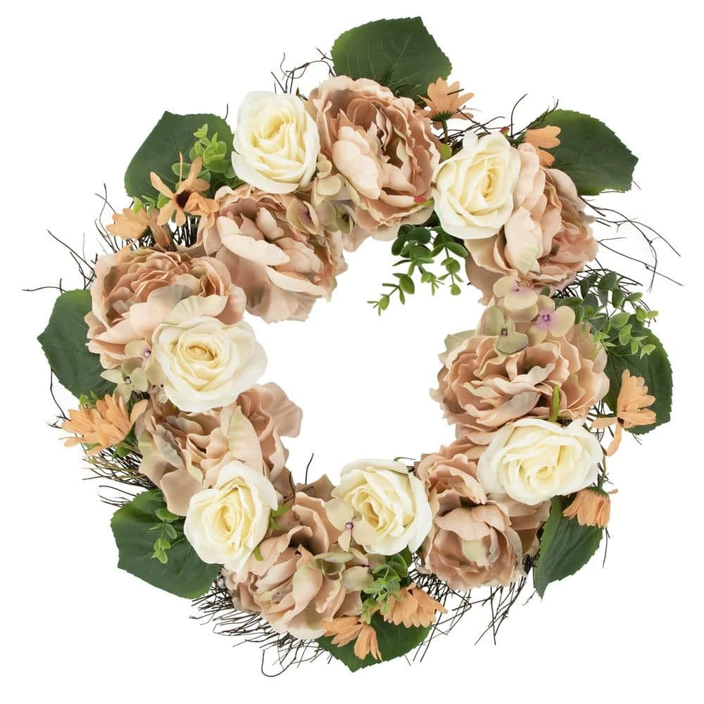 Northlight 22 In. Peach And White Floral Fall Harvest Artificial Wreath 1 Northlight 22 In. Peach And White Floral Fall Harvest Artificial Wreath