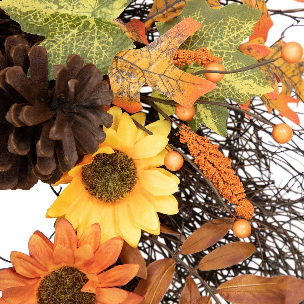 Northlight 24 In. Autumn Harvest Decorative Artificial Fall Leaves Berries Pinecones & Sunflowers Wreath - Unlit 4 Northlight 24 In. Autumn Harvest Decorative Artificial Fall Leaves Berries Pinecones & Sunflowers Wreath - Unlit - Image 4