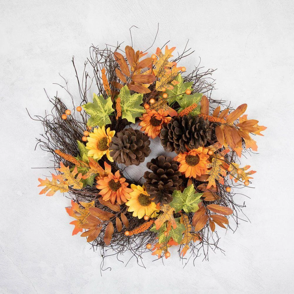 Northlight 24 In. Autumn Harvest Decorative Artificial Fall Leaves Berries Pinecones & Sunflowers Wreath - Unlit 3 Northlight 24 In. Autumn Harvest Decorative Artificial Fall Leaves Berries Pinecones & Sunflowers Wreath - Unlit - Image 3