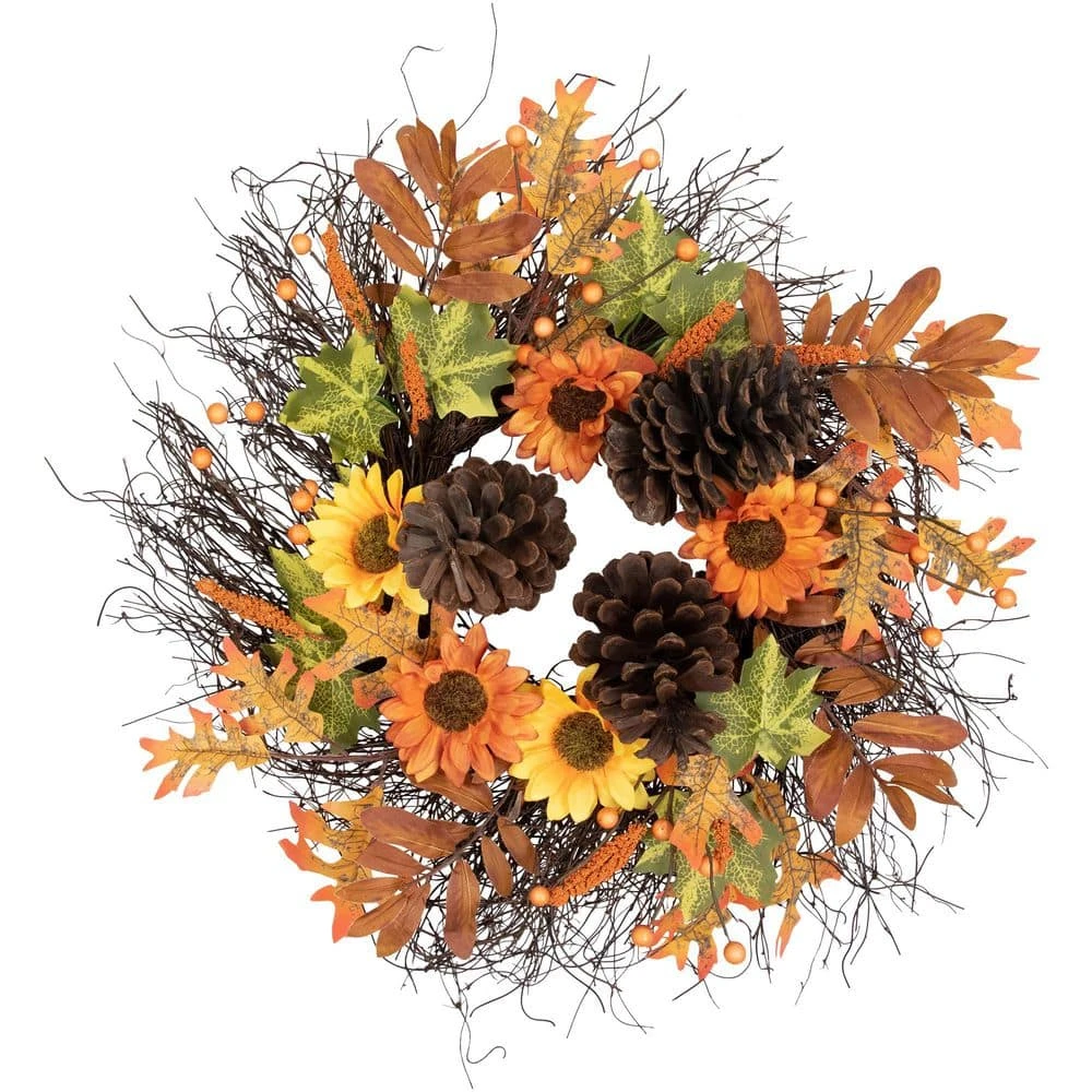 Northlight 24 In. Autumn Harvest Decorative Artificial Fall Leaves Berries Pinecones & Sunflowers Wreath - Unlit 1 Northlight 24 In. Autumn Harvest Decorative Artificial Fall Leaves Berries Pinecones & Sunflowers Wreath - Unlit