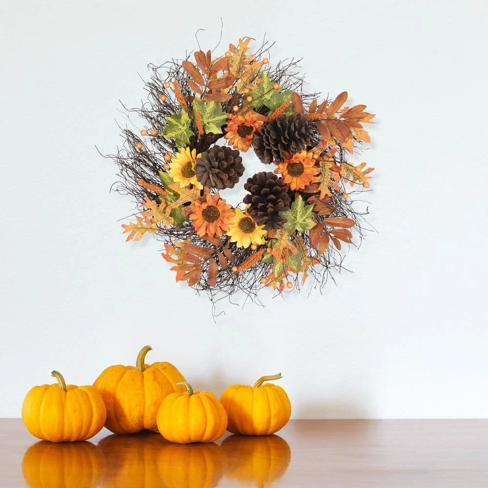 Northlight 24 In. Autumn Harvest Decorative Artificial Fall Leaves Berries Pinecones & Sunflowers Wreath - Unlit 2 Northlight 24 In. Autumn Harvest Decorative Artificial Fall Leaves Berries Pinecones & Sunflowers Wreath - Unlit - Image 2