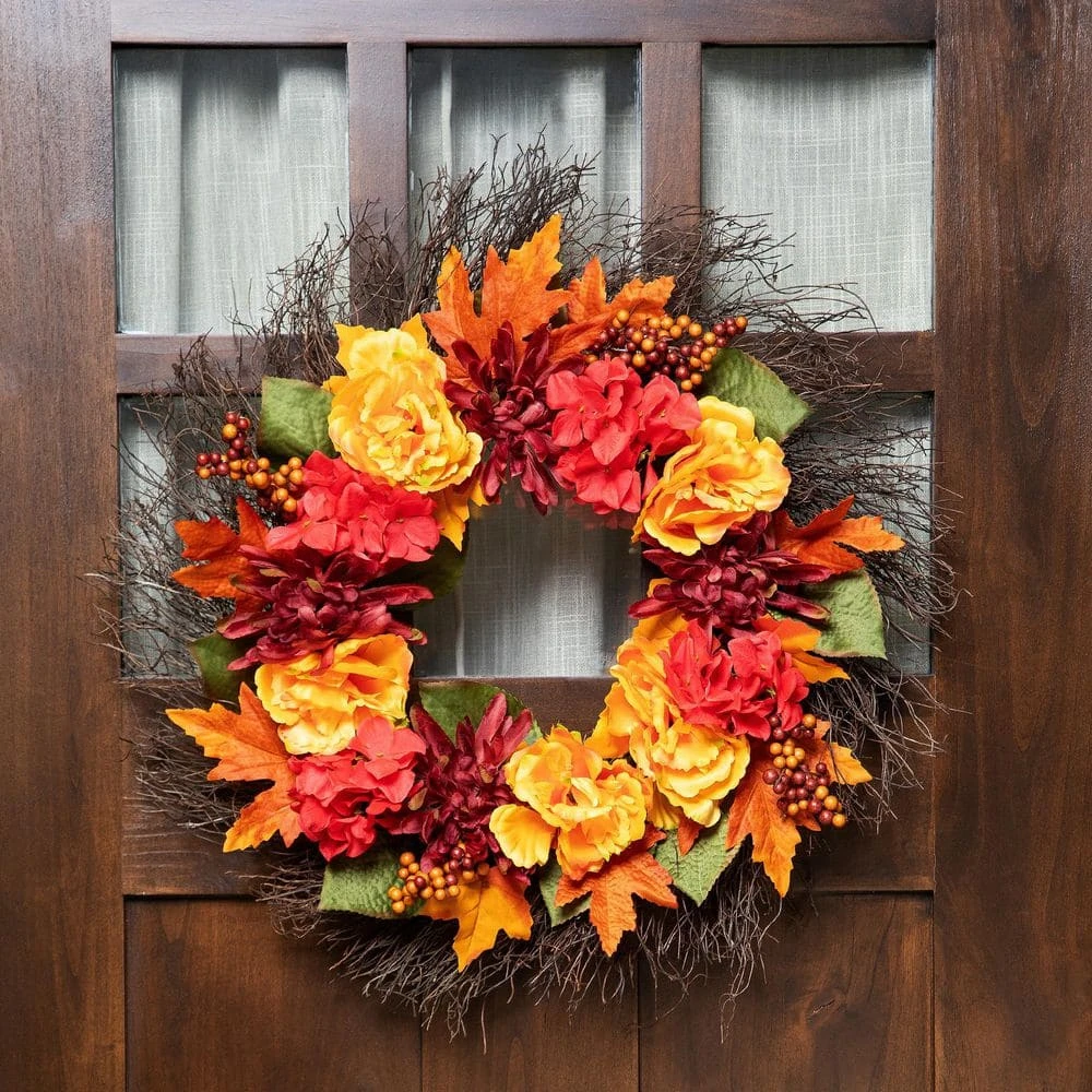 Northlight 24 In. Autumn Harvest Peony Mum & Feather Artificial Thanksgiving Floral Wreath - Unlit 8 Northlight 24 In. Autumn Harvest Peony Mum & Feather Artificial Thanksgiving Floral Wreath - Unlit - Image 8