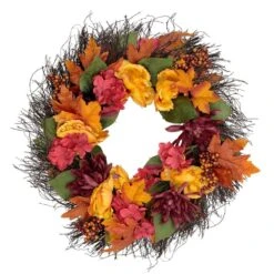 Northlight 24 In. Autumn Harvest Peony Mum & Feather Artificial Thanksgiving Floral Wreath - Unlit