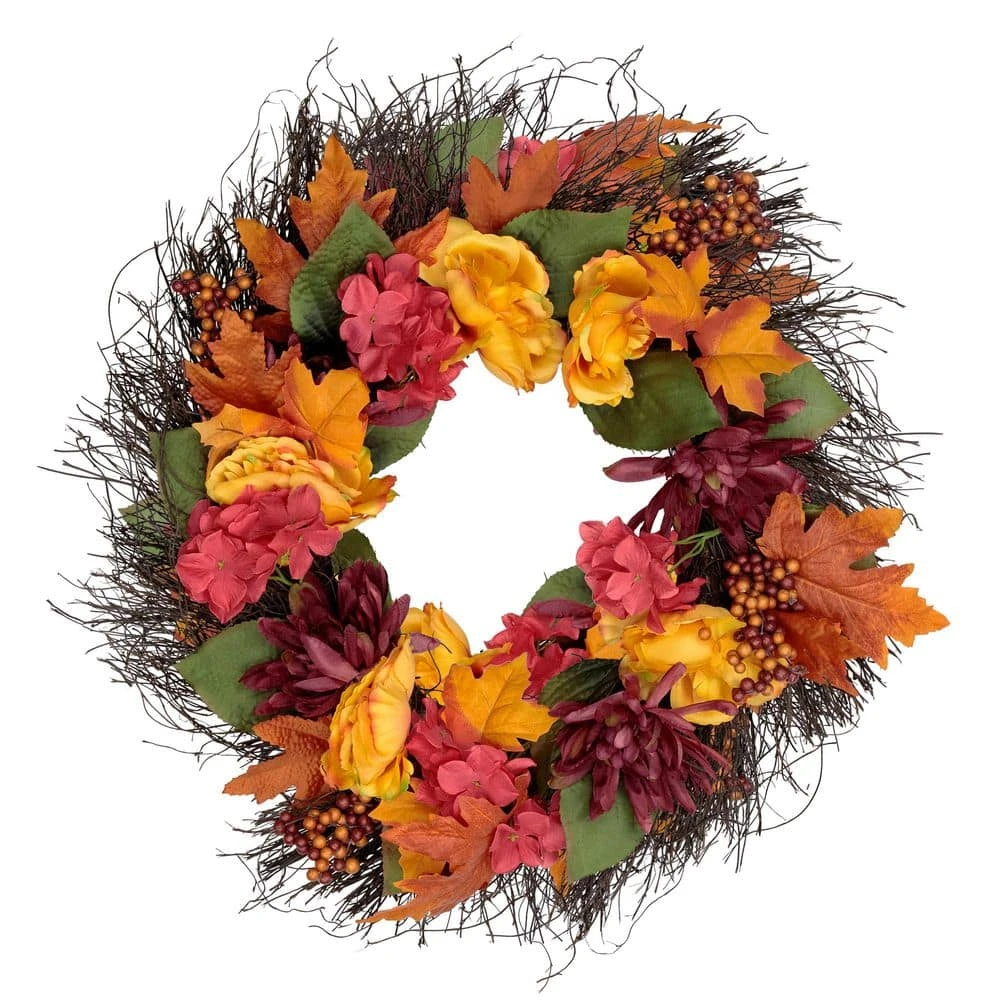 Northlight 24 In. Autumn Harvest Peony Mum & Feather Artificial Thanksgiving Floral Wreath - Unlit 1 Northlight 24 In. Autumn Harvest Peony Mum & Feather Artificial Thanksgiving Floral Wreath - Unlit
