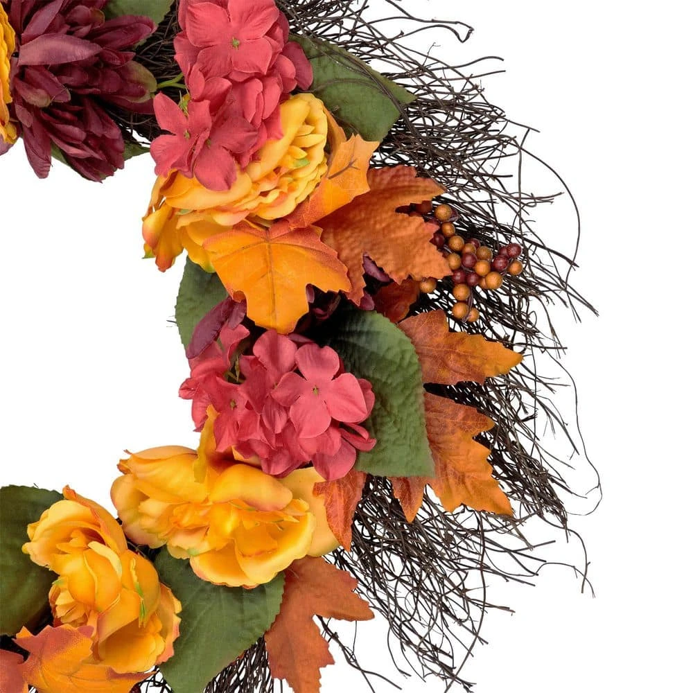 Northlight 24 In. Autumn Harvest Peony Mum & Feather Artificial Thanksgiving Floral Wreath - Unlit 2 Northlight 24 In. Autumn Harvest Peony Mum & Feather Artificial Thanksgiving Floral Wreath - Unlit - Image 2