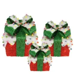 Northlight Lighted Snow And Candy Covered Sisal Gift Boxes Christmas Outdoor Decorations (Set Of 3)