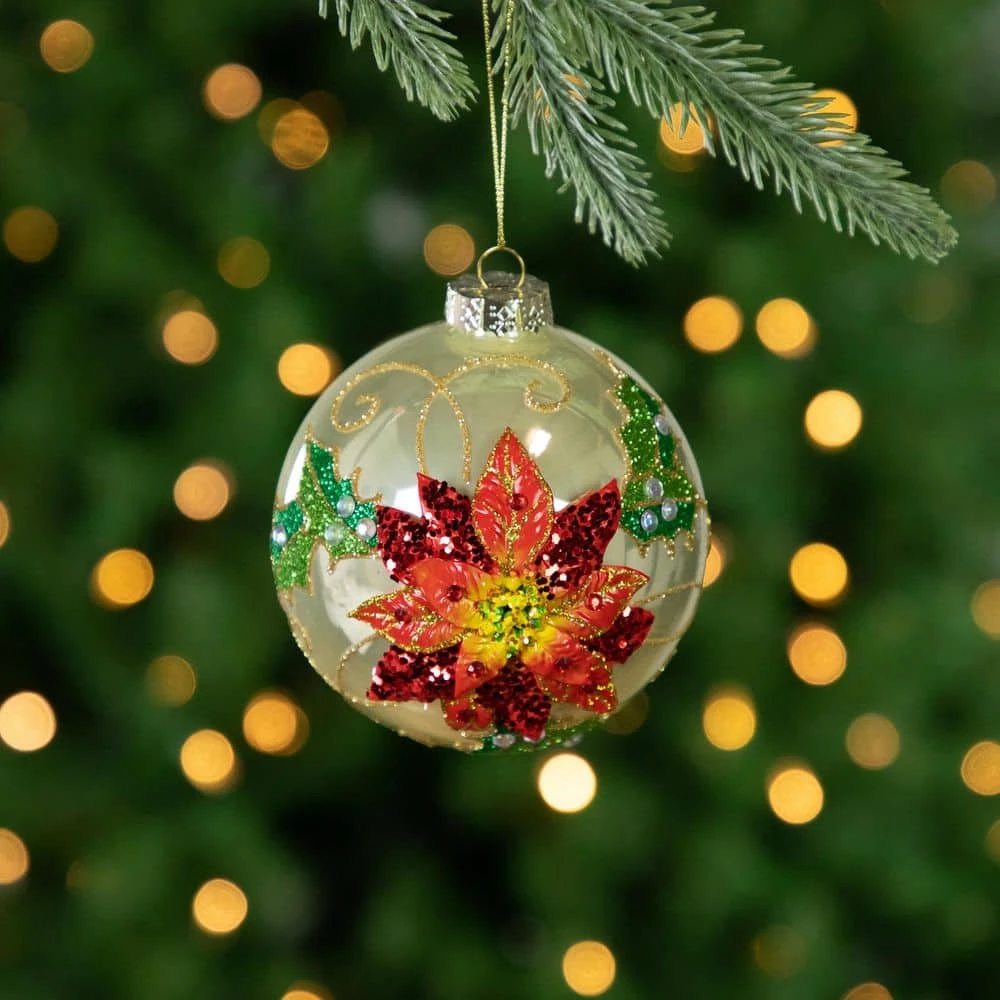 Northlight 4 In. Red Glittered 2-D Poinsettia Glass Christmas Ball Ornament 2 Northlight 4 In. Red Glittered 2-D Poinsettia Glass Christmas Ball Ornament - Image 2