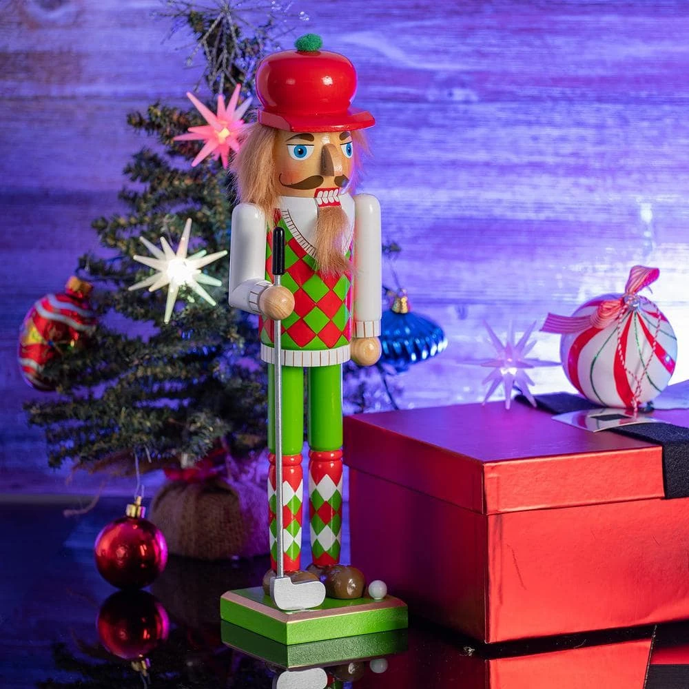 15 In. Wooden Golf Player Christmas Nutcracker-Red And Green Golfer With Club And Ball Holiday Nutcracker Figure Decor 3 15 In. Wooden Golf Player Christmas Nutcracker-Red And Green Golfer With Club And Ball Holiday Nutcracker Figure Decor - Image 3